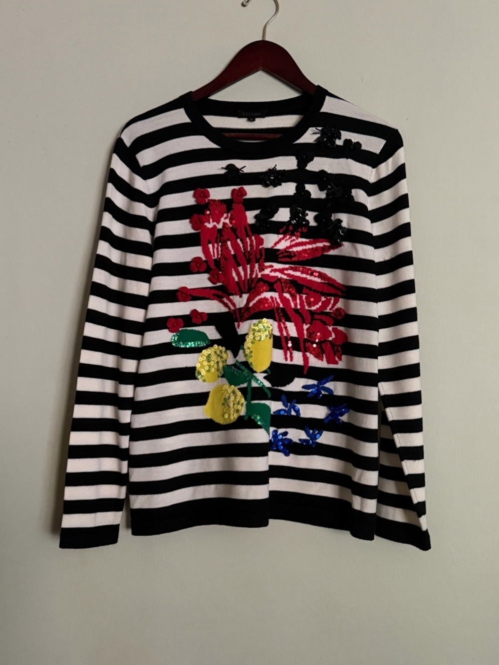 Escada | Black and White Striped Floral Embellished Sweater Sequin Applique| L